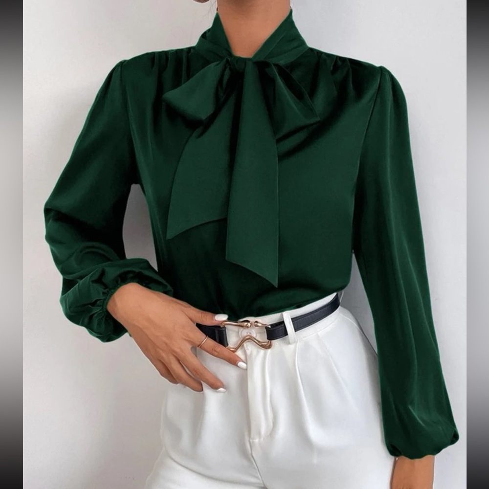 Classic Elegant Satin Tie Neck Work Office Top Blouse Shirt Green